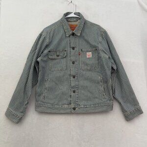 Levis Sunrise Trukcer Jacket Mens XS Blue Hickory Stripe Workwear Denim Relaxed